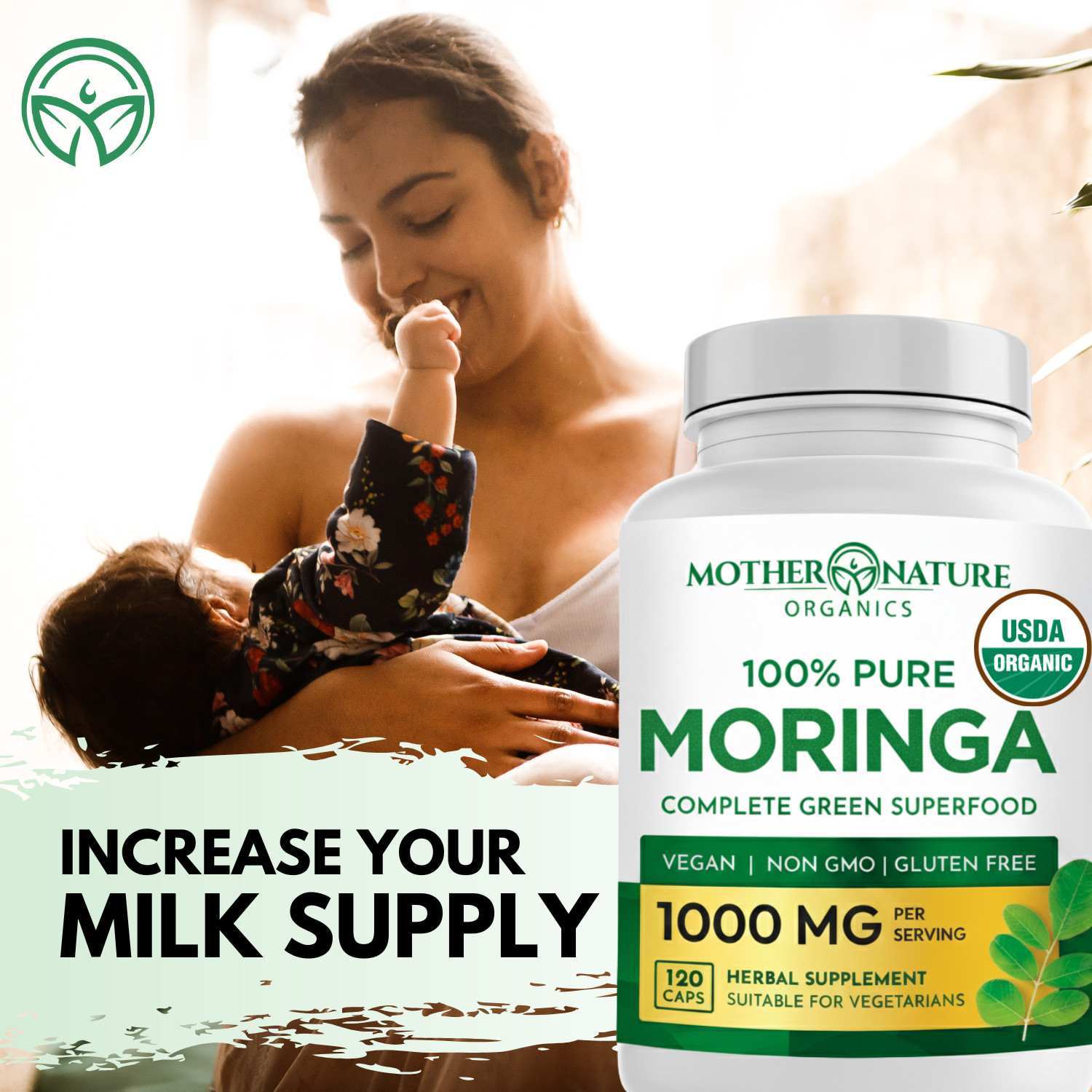 Organic Moringa Capsules, 100% Raw from India, 120ct, Green Supplement.