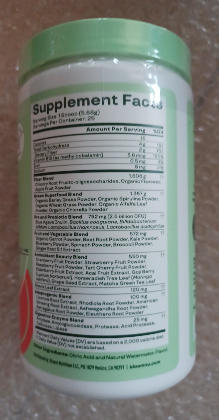 Bloom Nutrition Greens & Superfoods Powder – 25 Serving WATERMELON 5.01oz 8/27