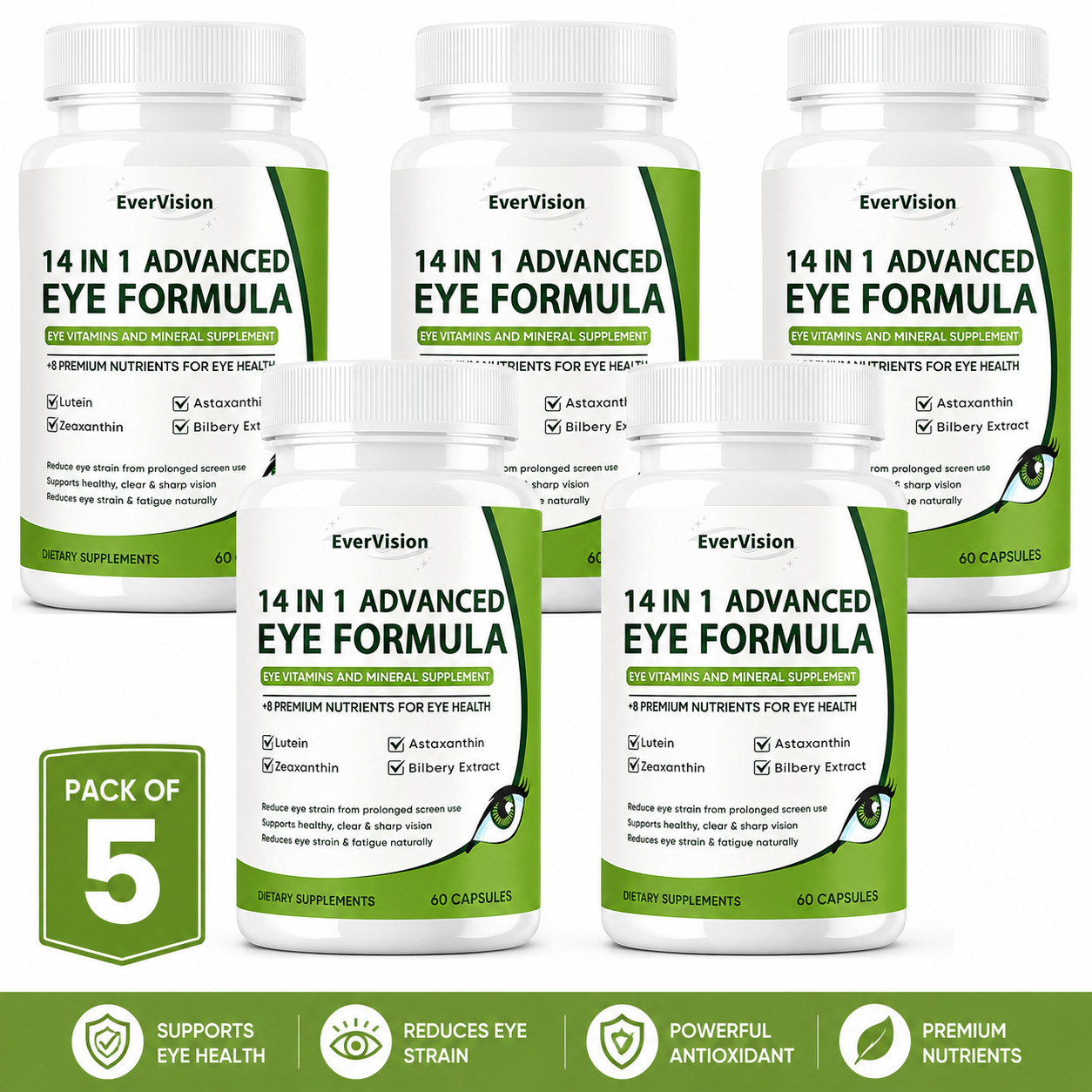 (PACK 5) Evervision Daily Eye Health Advanced Supplement 14 in 1 60 Capsules US