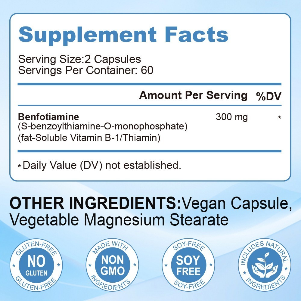 300mg Benfotiamine Capsules Fat Soluble Thiamine Vitamin B1 NON-GMO,Gluten Free