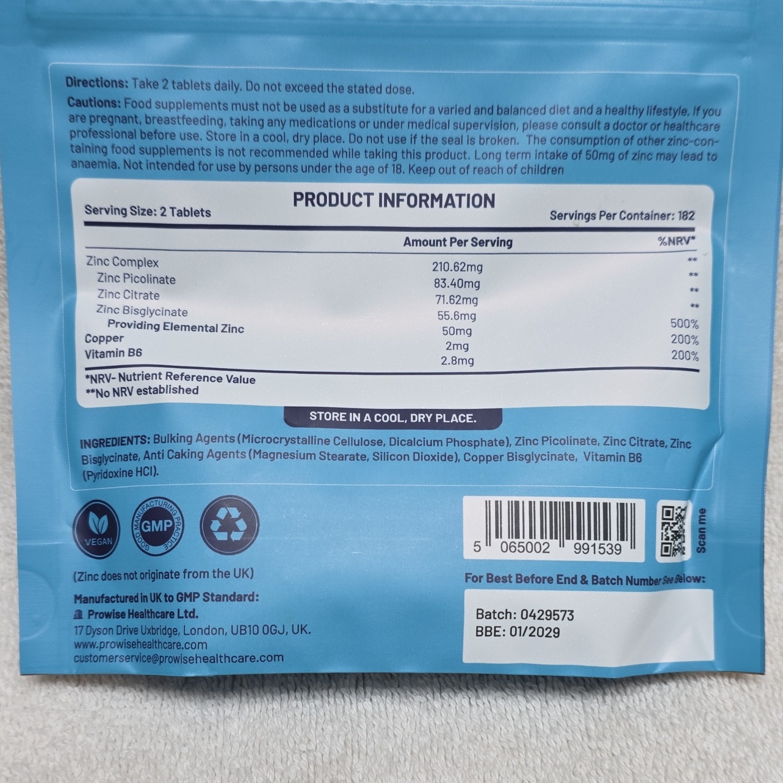 Prowise Healthcare Zinc Picolinate Complex 50mg 365 Vegan Tablets 102g