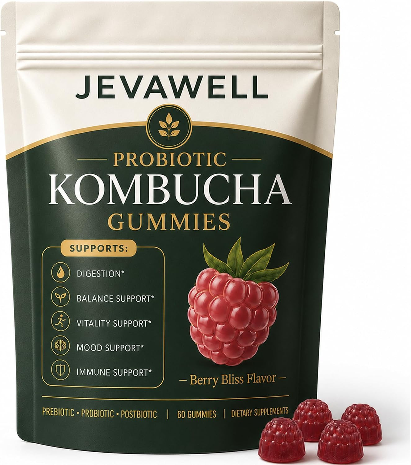JEVAWELL Probiotic Kombucha Gummies – Prebiotics, Probiotics & Postbiotics – Sli