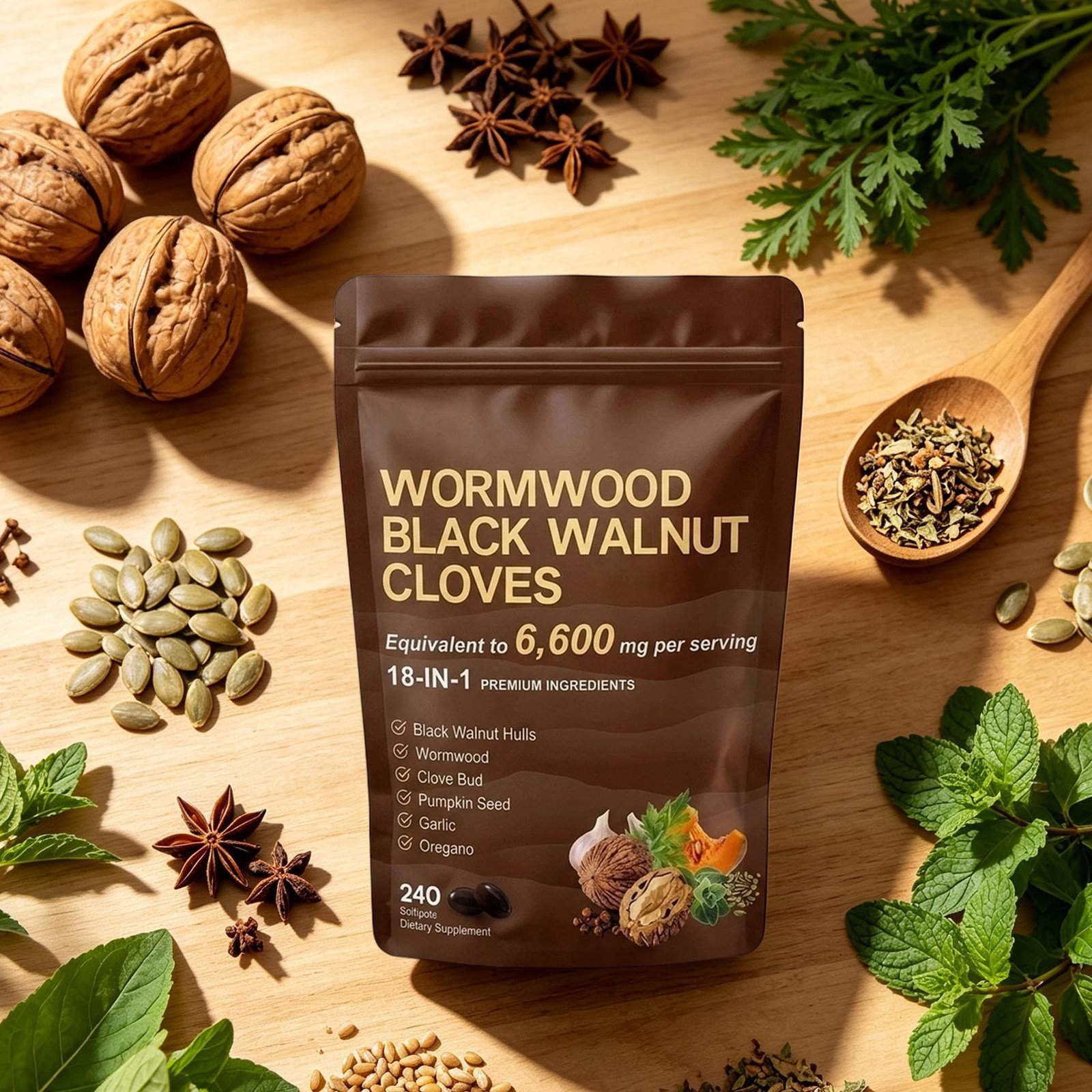 Holior Wormwood Black Walnut Clove Herbal Supplement 240 Softgels