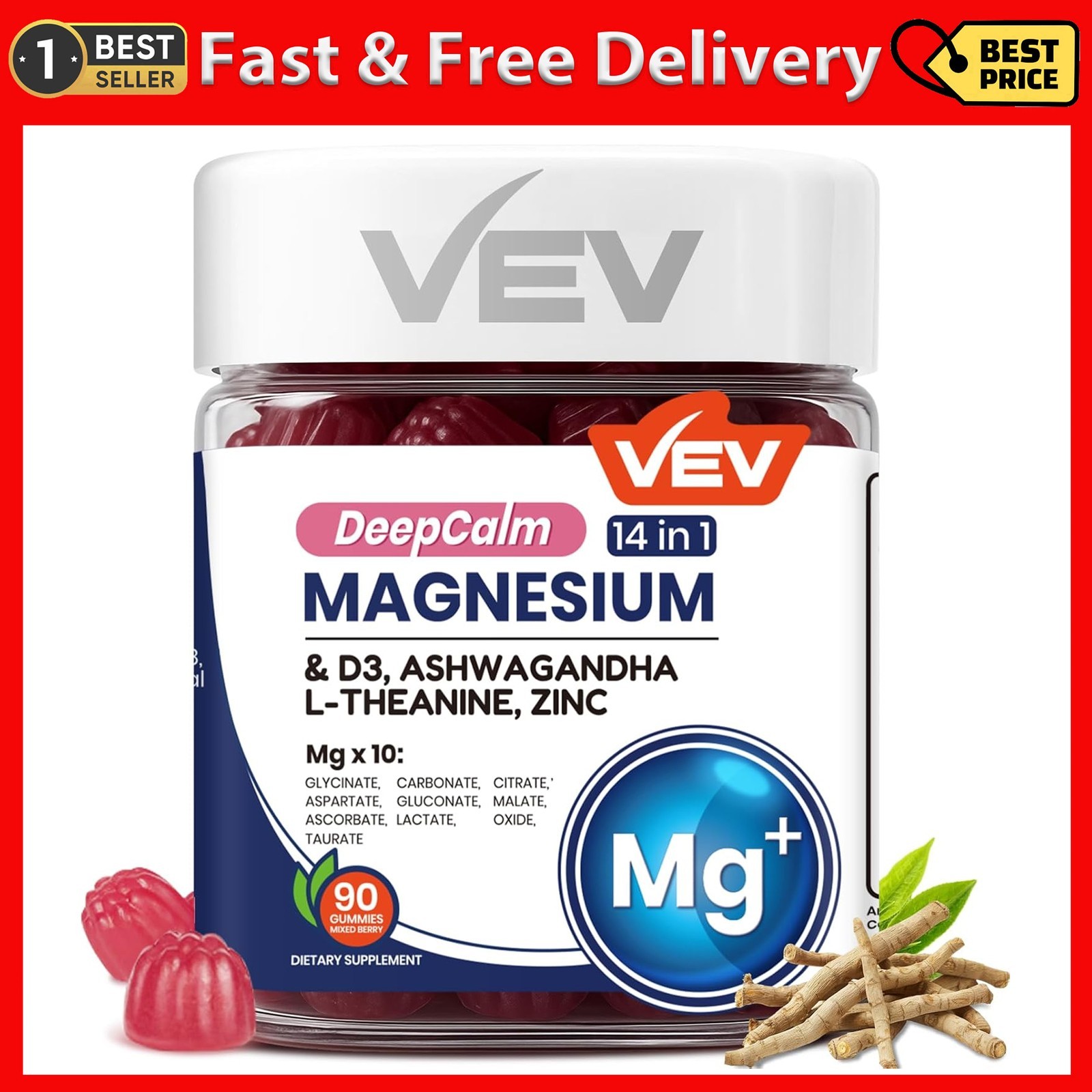 VEV Magnesium Citrate and Glycinate Gummies for Adults 14 in 1 Magnesium and d3,