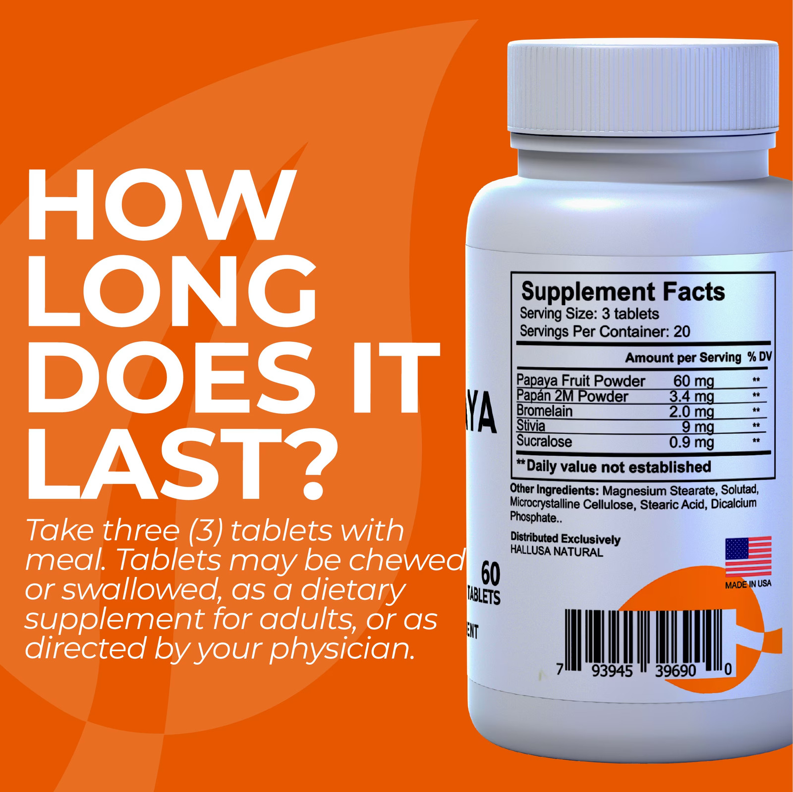 HALLUSA Papaya Enzyme Digestive Support with Probiotics – 60 Tablets