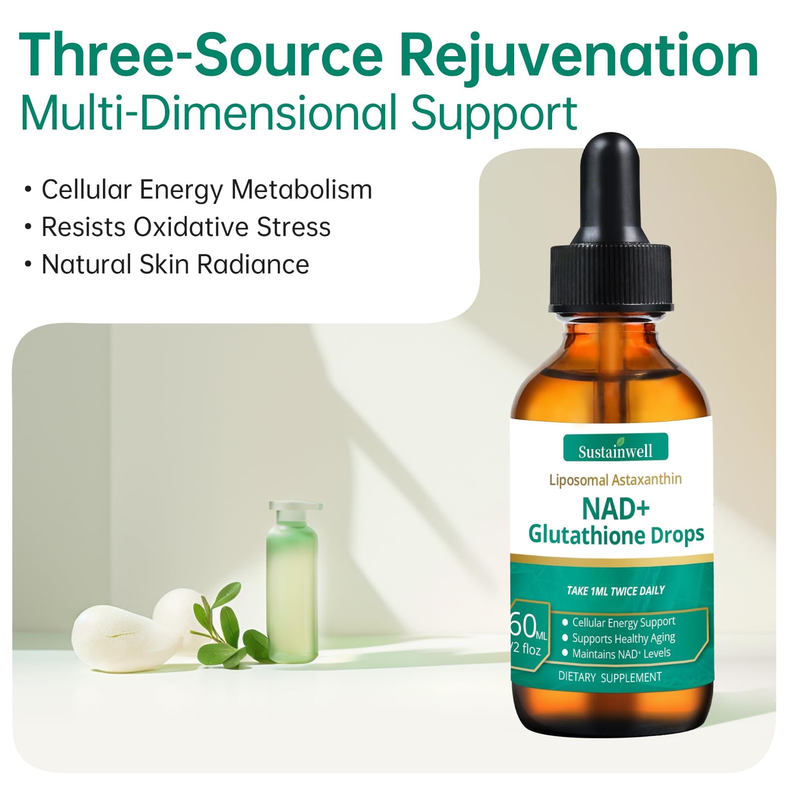 NAD+ Glutathione Liquid Drops with 2.04 Fl Oz (Pack of 1)