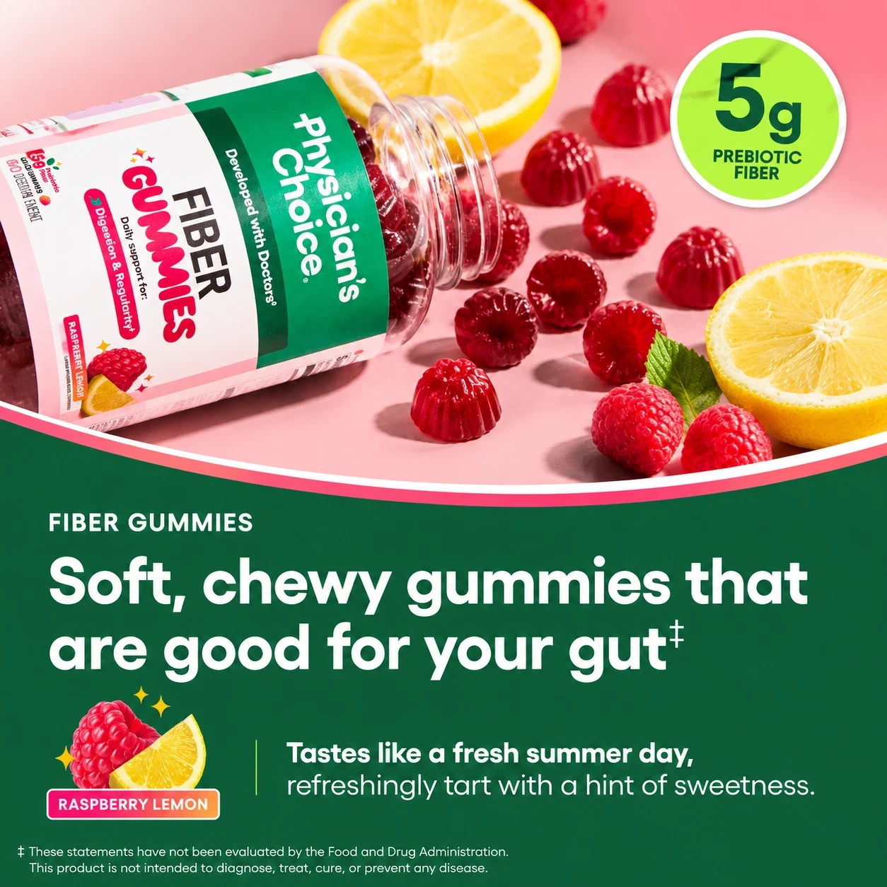 Physician’s Choice Prebiotic Fiber Gummies 5g, Zero Sugar Vegan, Supports Gut Re