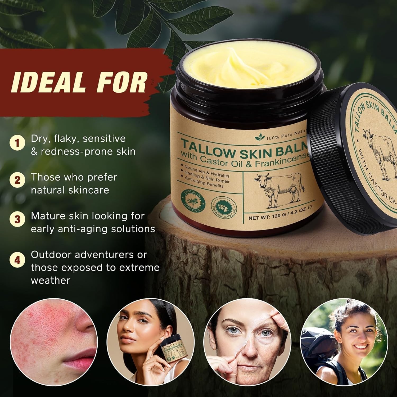 2 Pcak Beef Tallow Cream with Castor Oil and Frankincense, 100% Grass-Fed Tallow