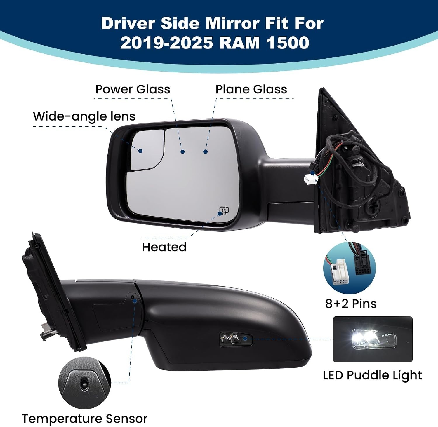 Left Driver Side Mirror for 2019-2025 Ram 1500 with Manual Folding/Heated/Power