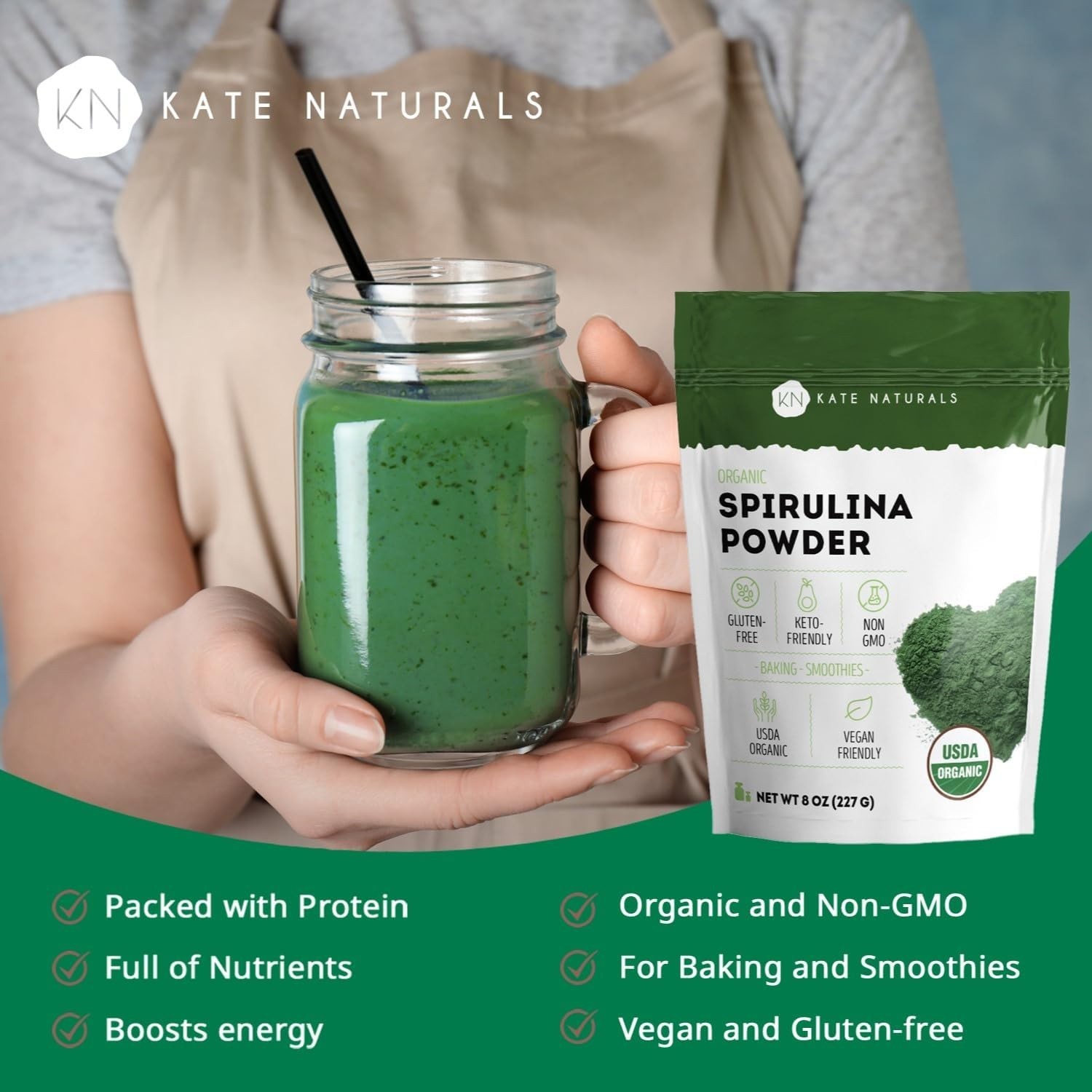 Kate Naturals Organic Spirulina Powder for Immune Support 8 Ounce (Pack of 1)…