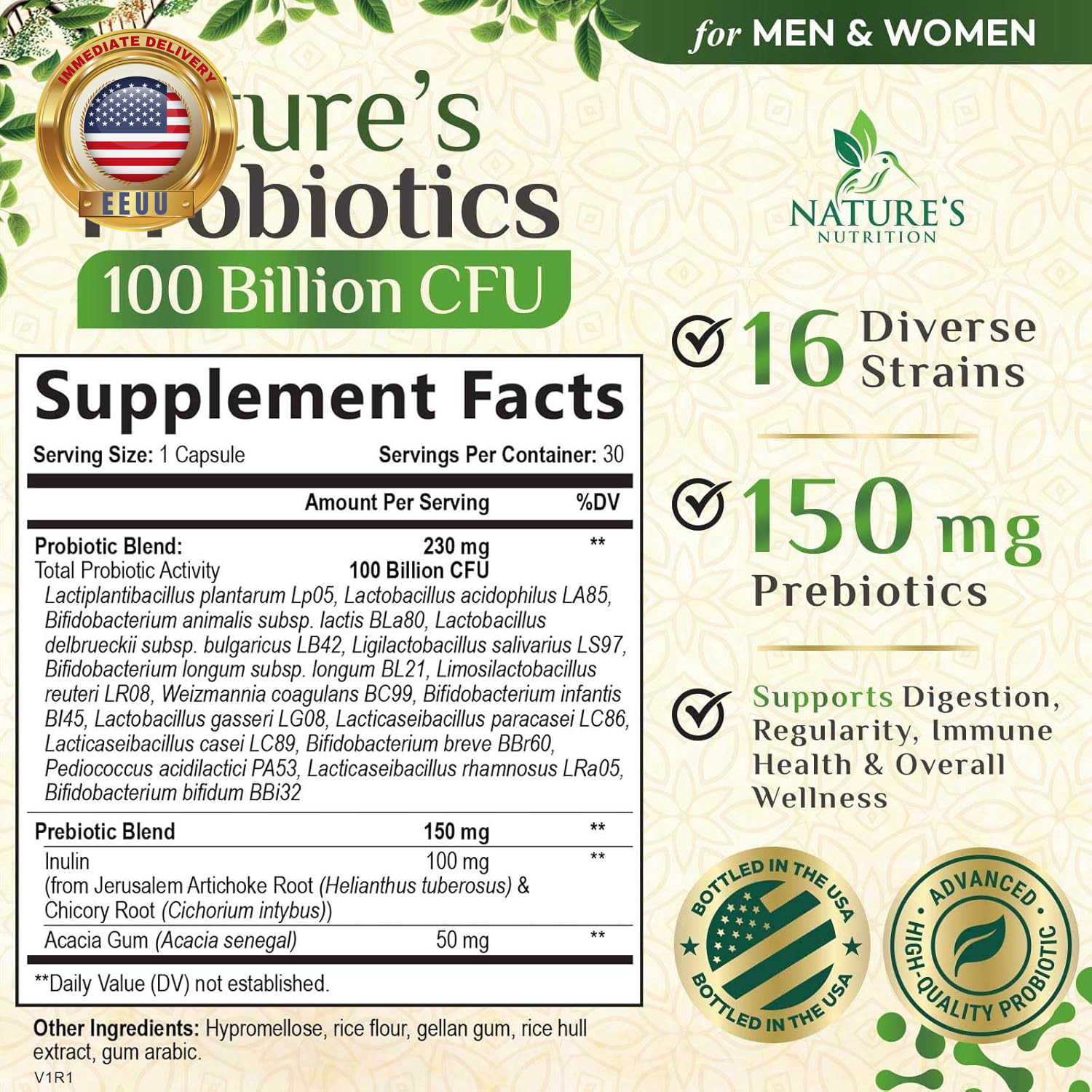 Probiotics 100 Billion CFU per Serving – 16 Premium Strains + Prebiotics – Probi