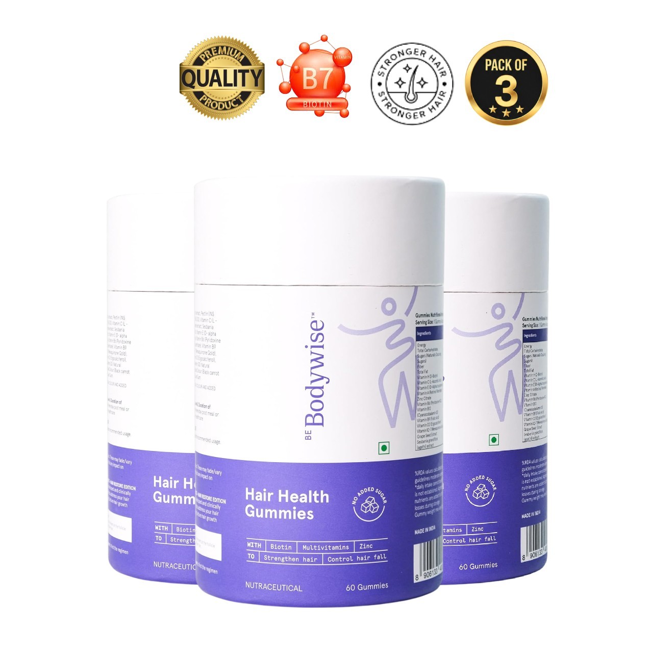 Be Body.wise Biotin Hair Gummies 60 Count Pack of 3