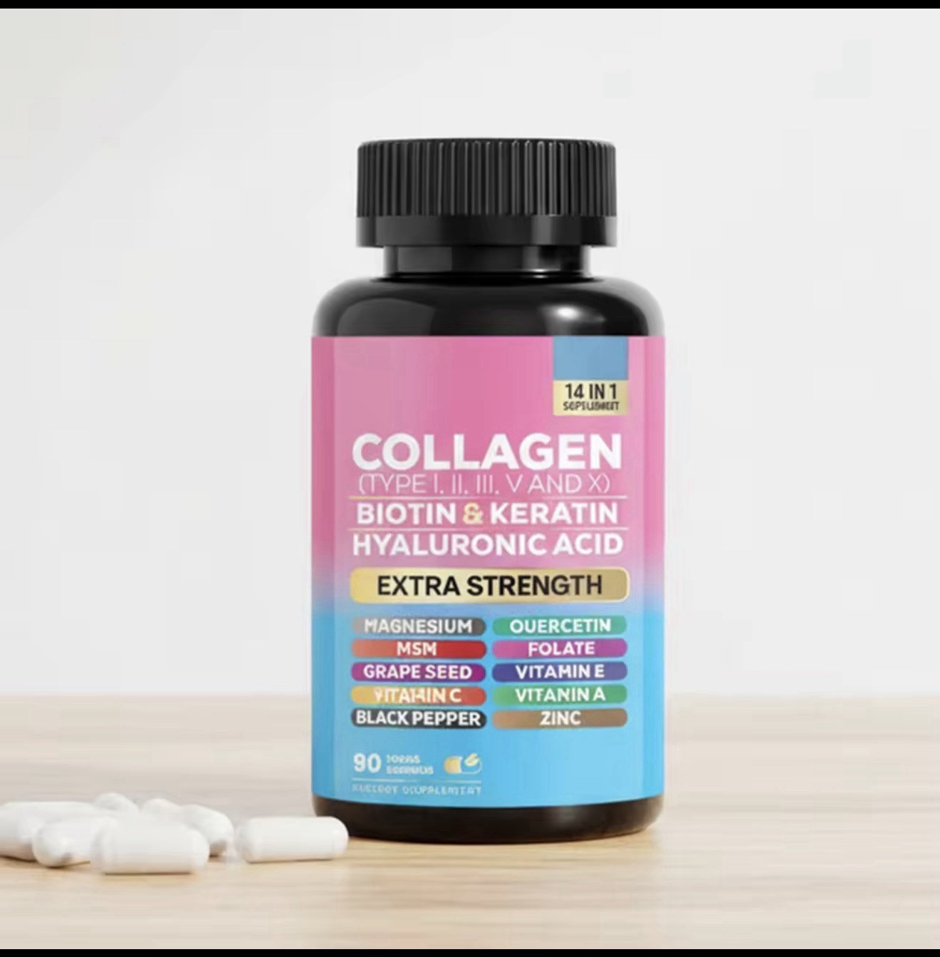 Collagen Peptides Types I, II, III, V & X MCG Biotin Keratin Hyaluronic Folate