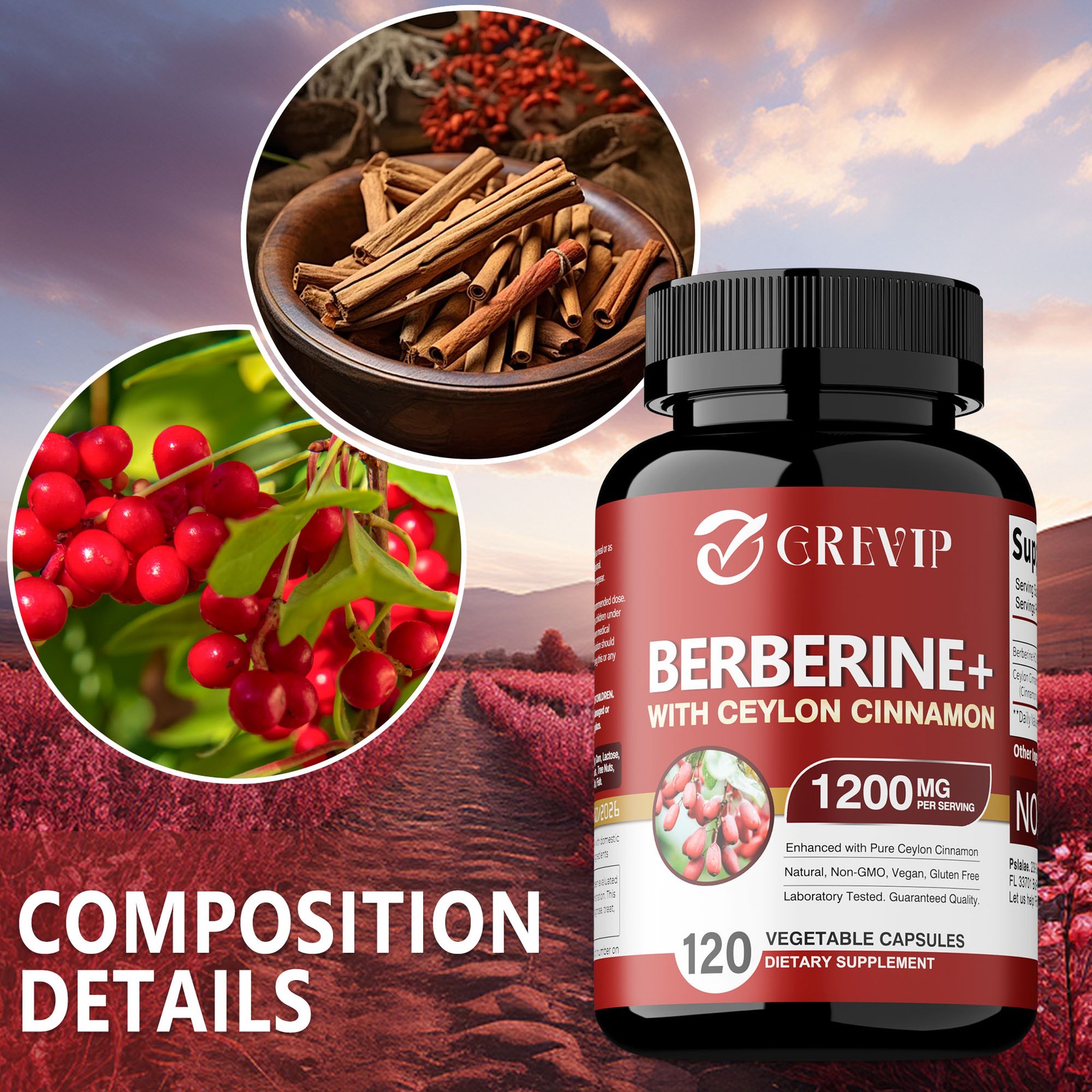 Berberine HCI+Ceylon Cinnamon 1200mg – Cardiovascular Health,Blood Sugar Support