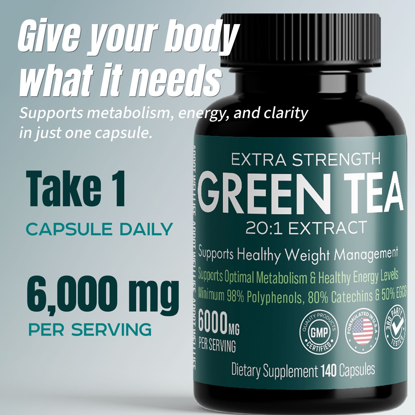 Extra Strength Green Tea 20:1 Extract, 6000 mg Strength, 140 Vegan Capsules