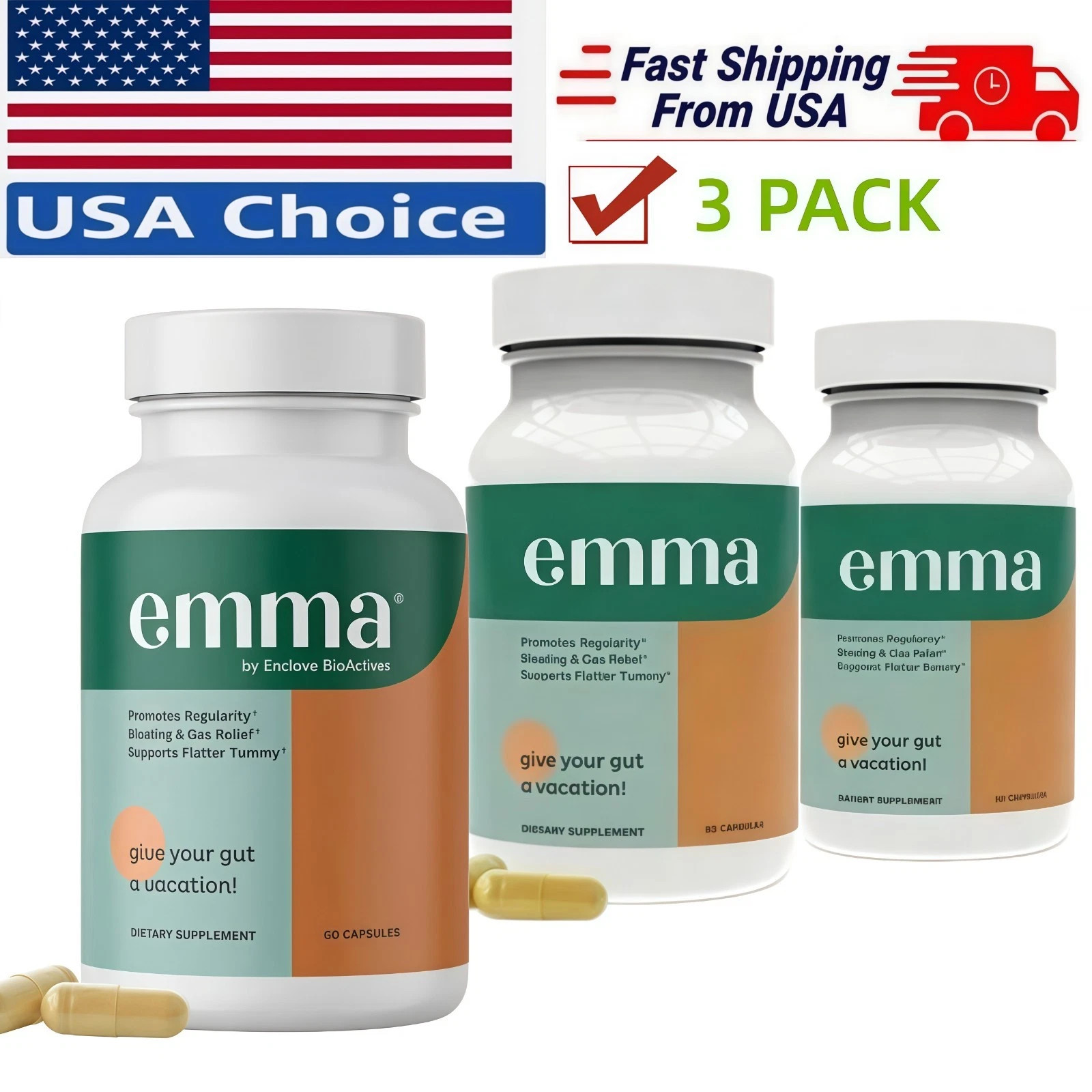 3 Emma Pack Gut Health Supplement 180 Capsules for Bloating Relief & Leaky Gut.