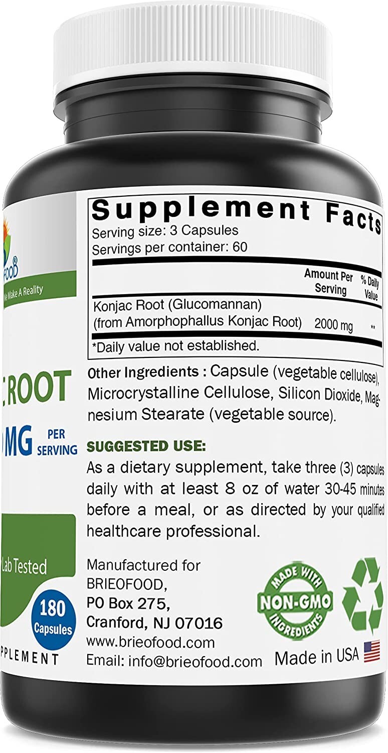 Brieofood Konjac Root Glucomannan 2000 mg per Serving 180 Vegetarian Capsules