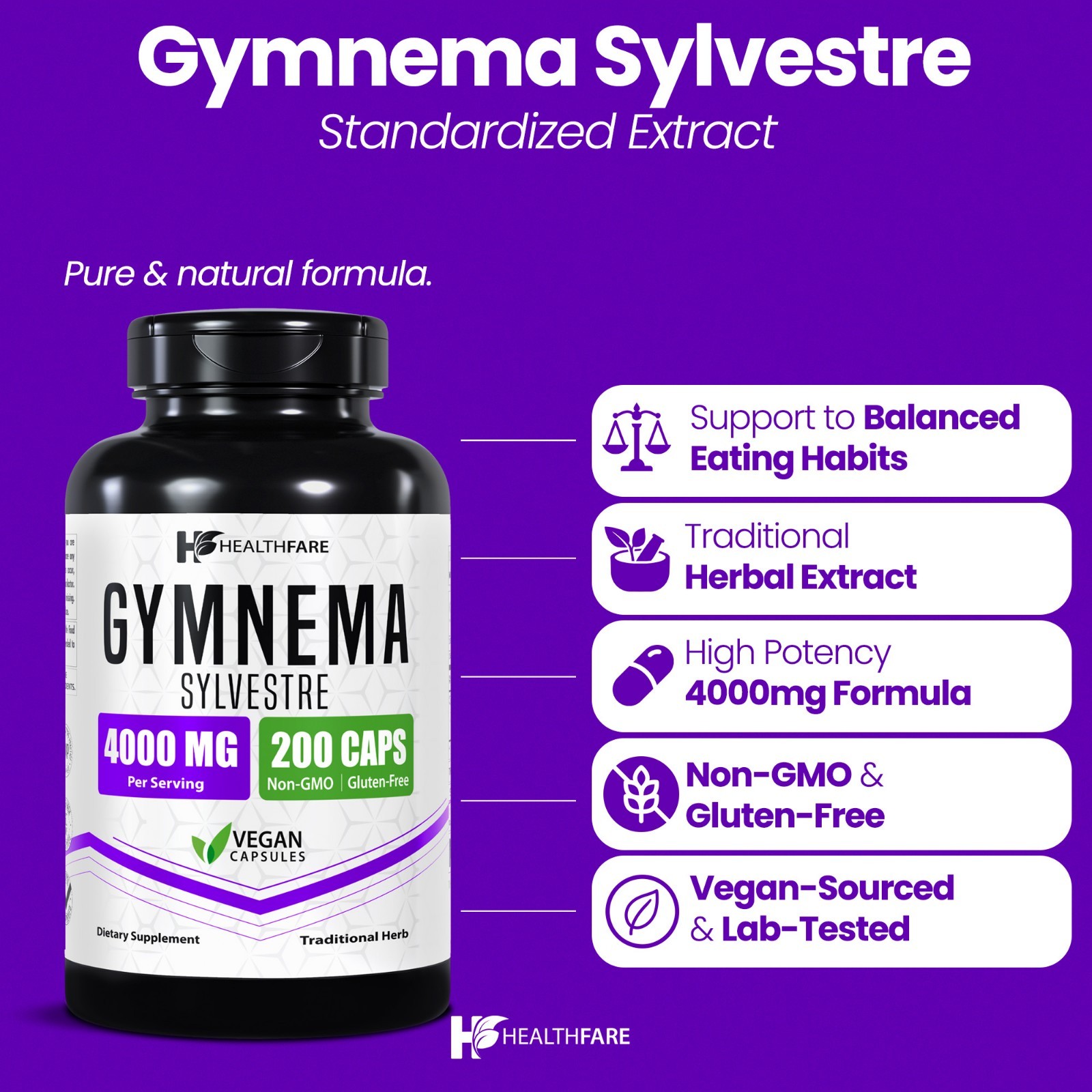 Healthfare Gymnema Sylvestre Capsules 4000mg | 200 Vegan Capsules | Herbal