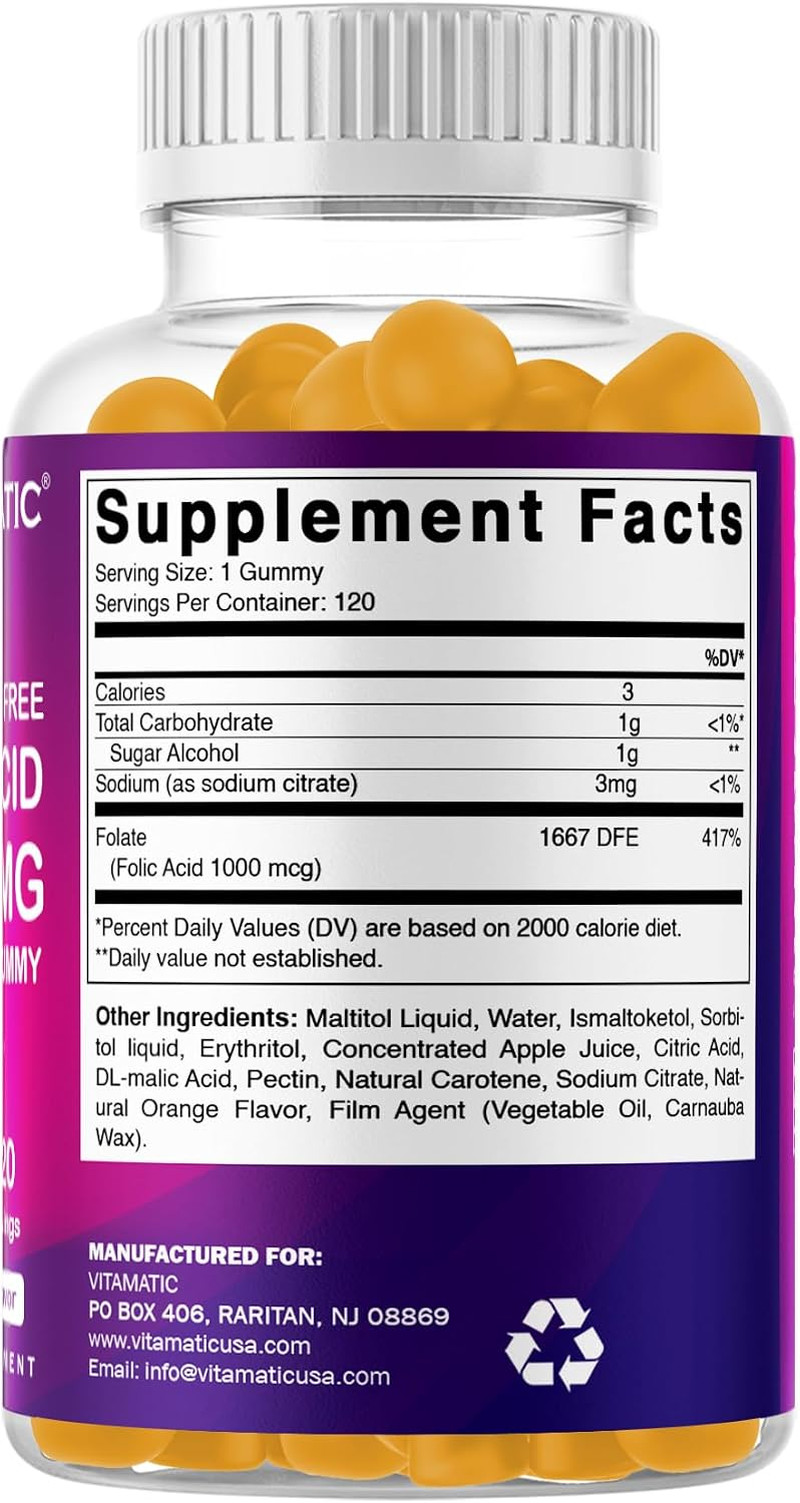Vitamatic Sugar Free Folic Acid 1 mg Gummies 120 Count Orange Flavor | 1 mg Foli