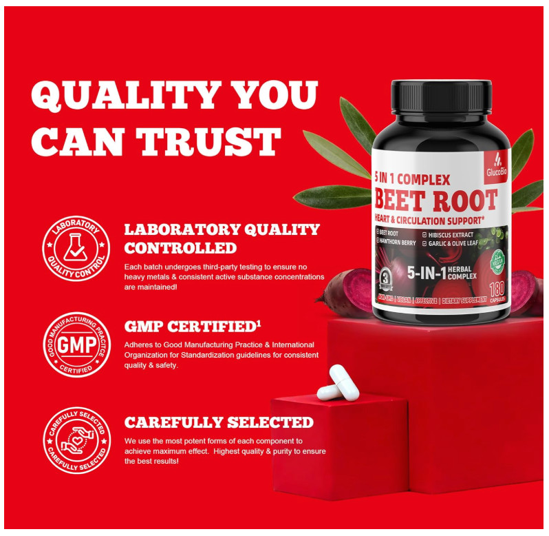 GlucoBio Beet Root Capsules Nitric Oxide Blood Pressure Support Heart 180 Count