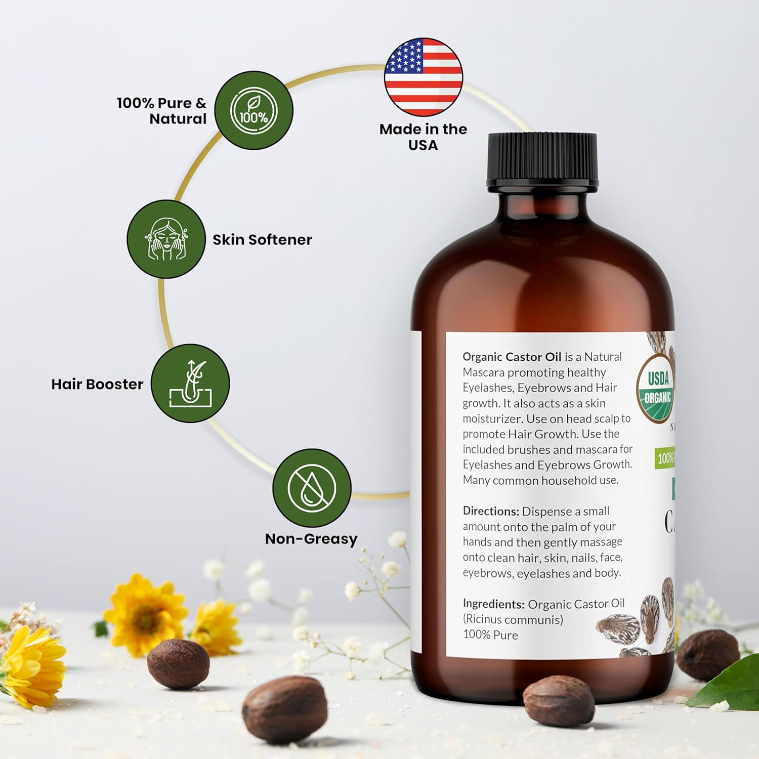 100% Pure Organic Castor Oil, Expeller-Pressed, Hexane-Free, Premium Carrier & B