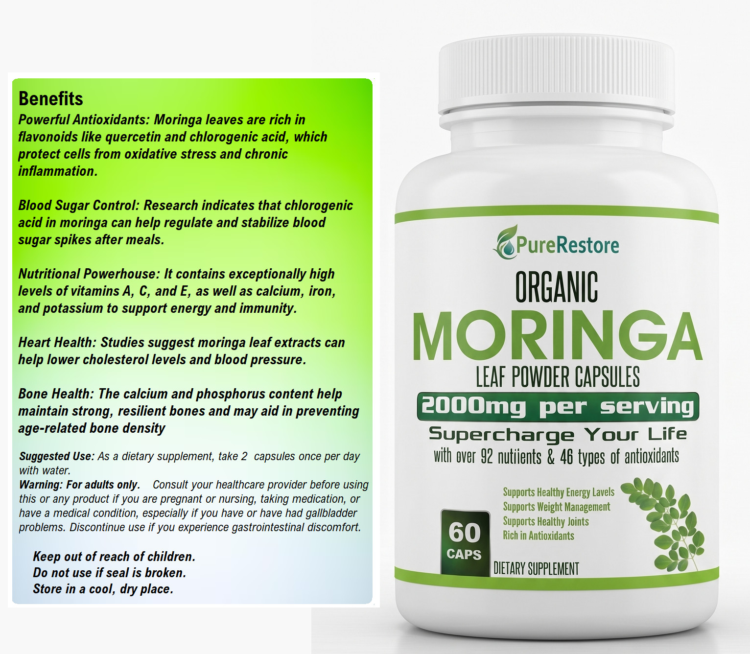 Organic Moringa Oleifera Capsules 2000mg, 60, 120, 180 Capsules