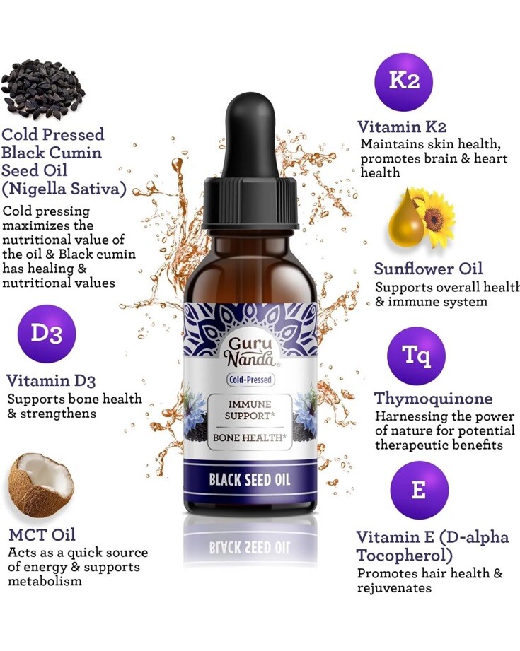 GuruNanda Cold Pressed Black Seed Oil with Vitamin D3 & K2 – Supports Immune