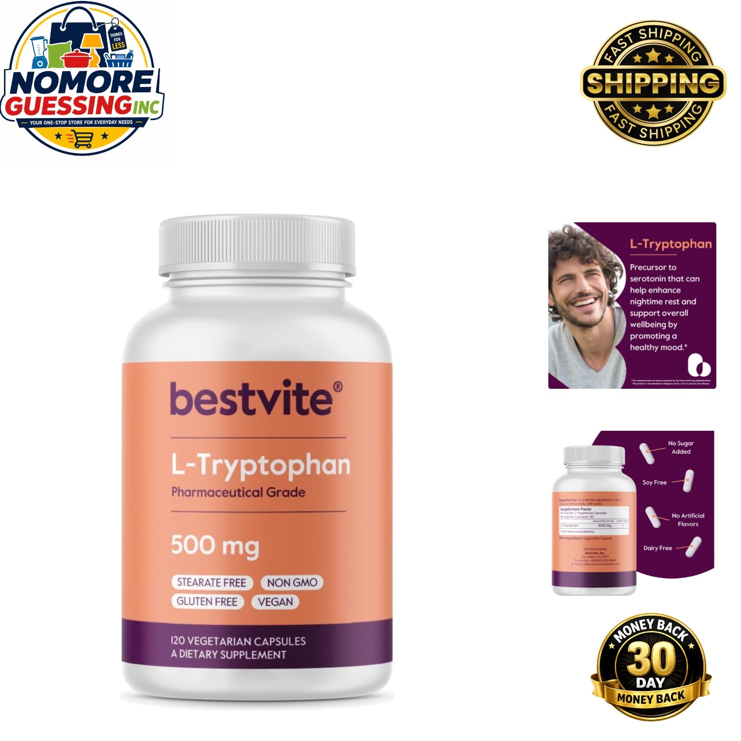 120 Capsules of Non-GMO L-Tryptophan 500mg – , Gluten-Free Relaxation Aid