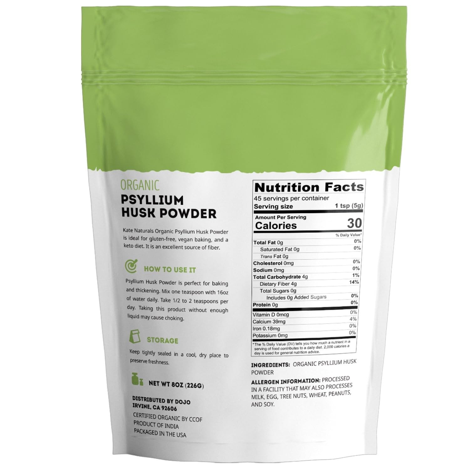 Kate Naturals Psyllium Husk Powder 8oz Organic Gluten Free Baking Digestion