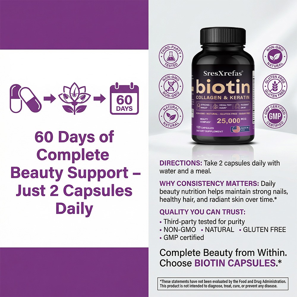 Biotin Collagen Keratin-Hair Skin Nails Health,Strong Non-Gmo 30/60/120 Capsules
