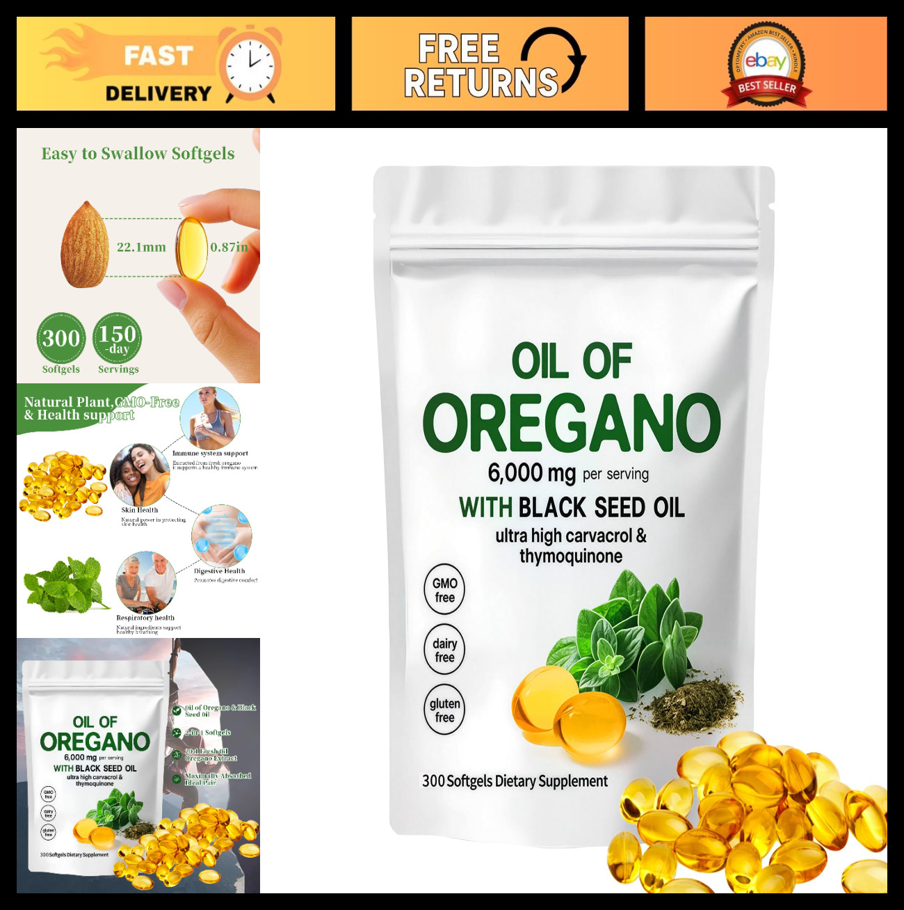 Organic Oil of Oregano & Black Seed Oil Capsules, 6000mg, 300 Softgels, Immune S