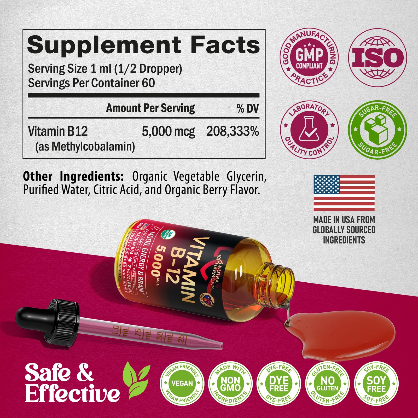 USDA Organic Vitamin B12 Sublingual Drops – 5000 mcg 2 Fl Oz (Pack of 1)