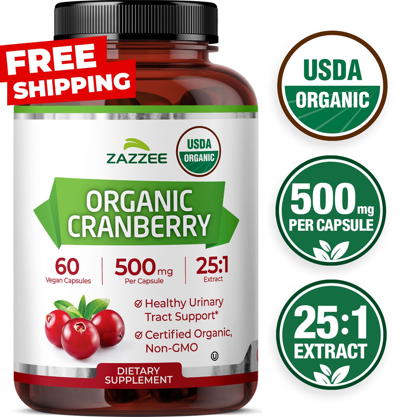USDA Organic Cranberry 25:1 Extract, 500 mg per Capsule, 60 Vegan Capsules