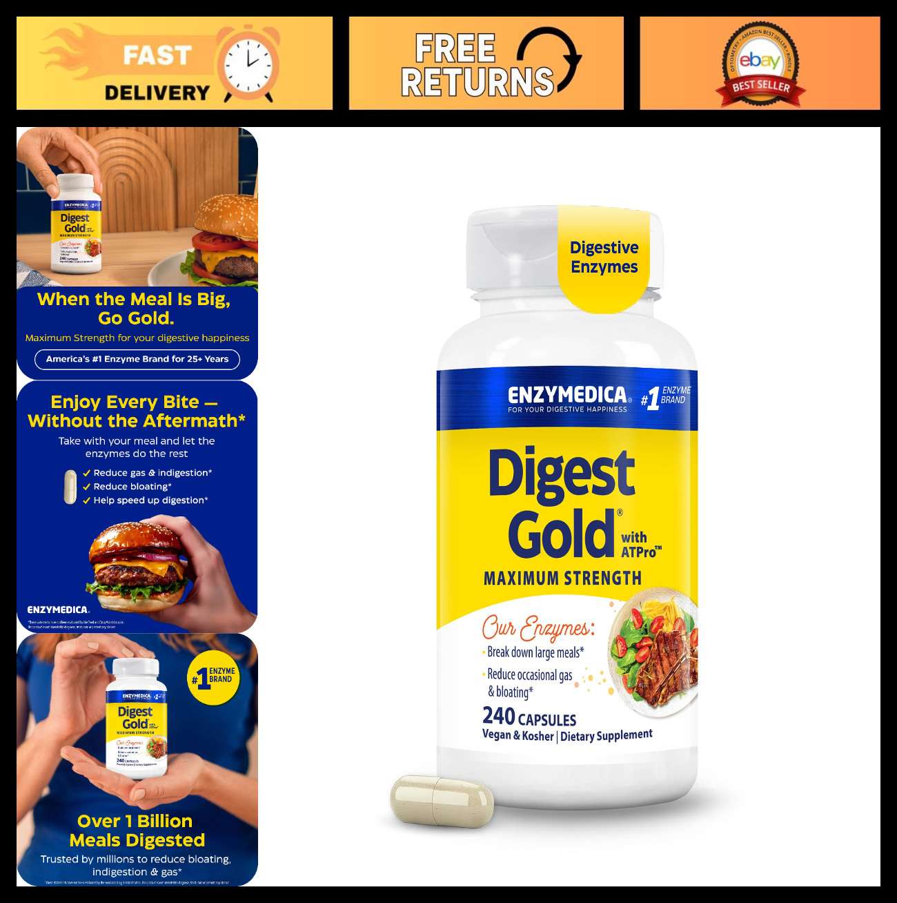 Maximum Strength Digestive Enzymes – Energy Support, 240 Capsules, ATPro Formula