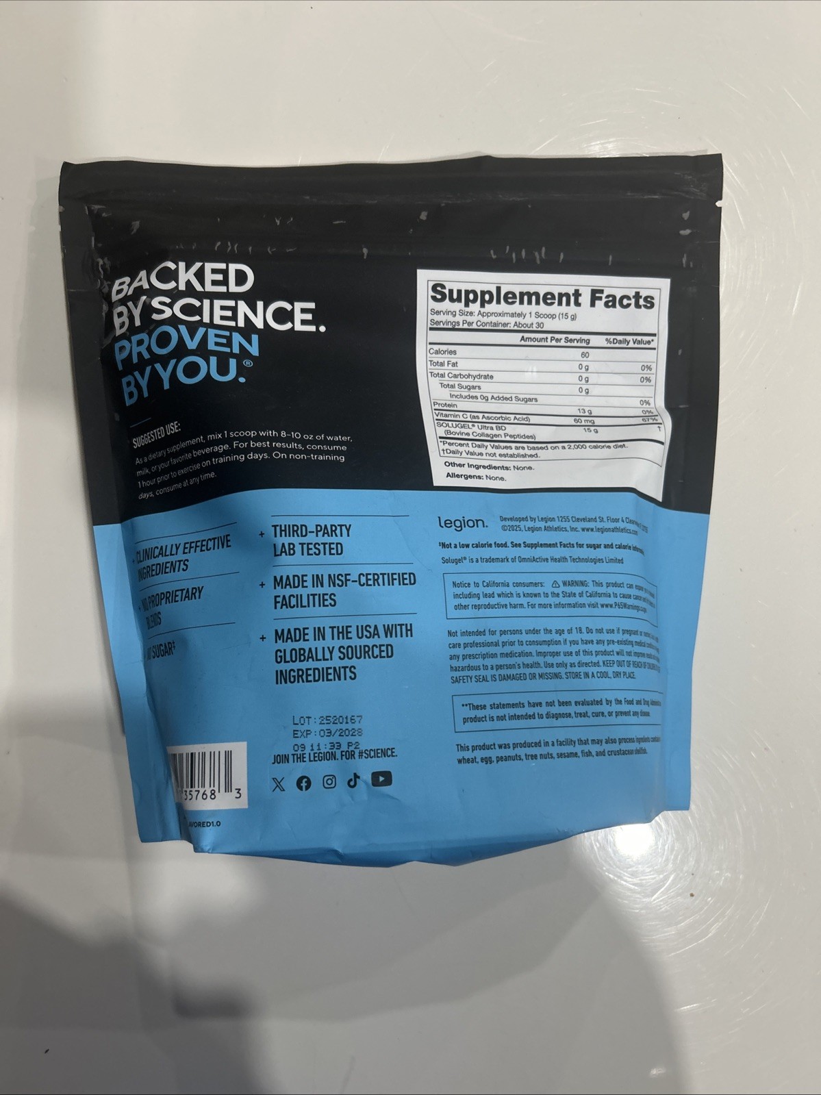 Legion Collagen+ Protein Supplement Powder UNFLAVORED 30 Servings Exp 03/28 New