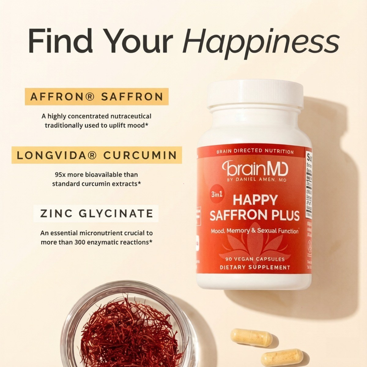 BrainMD Happy Saffron Plus Vegan Capsules Mood Memory Stress Support 90 Count