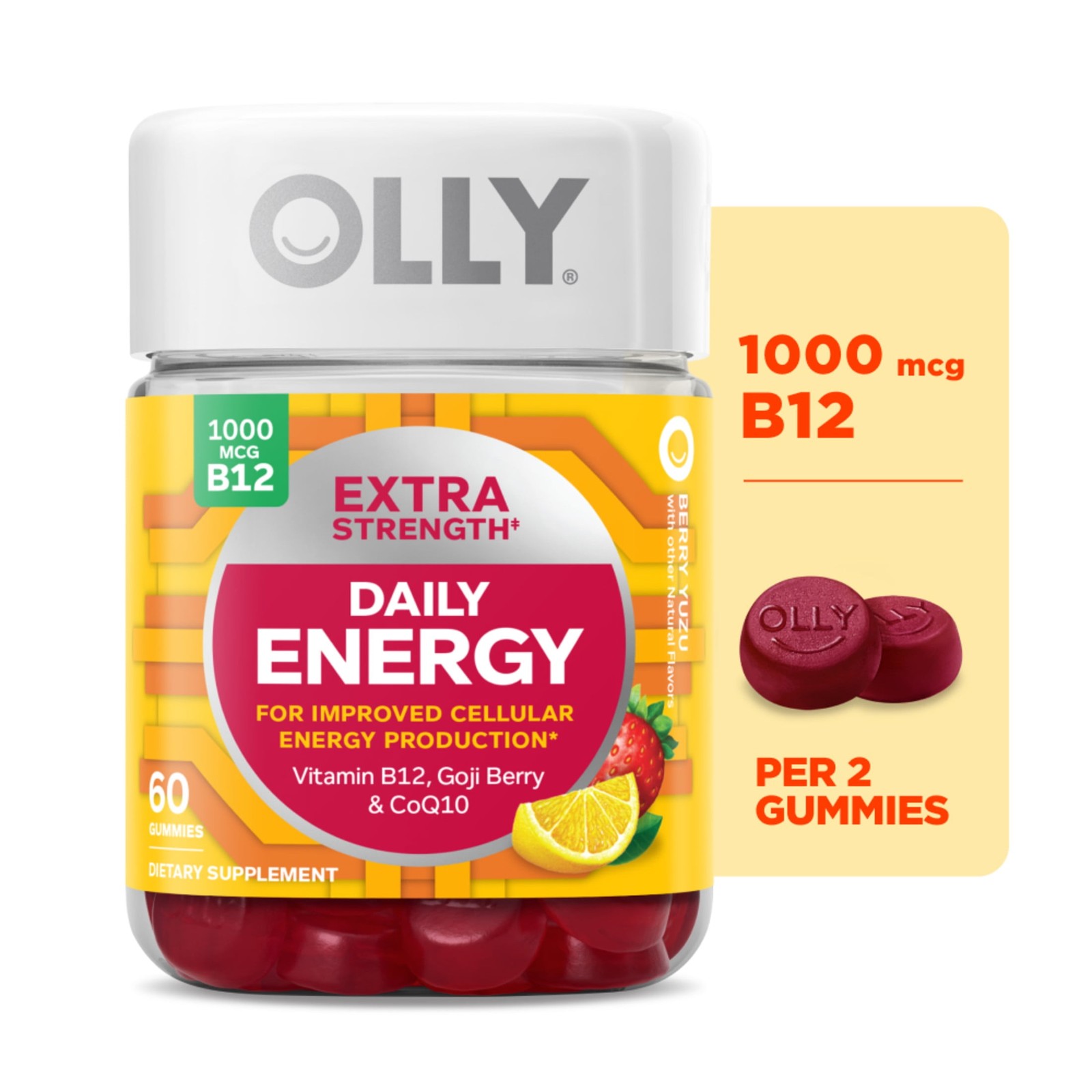 Extra Strength Daily Energy Gummy Supplement, 1000 mcg Vitamin B12, 60 Count