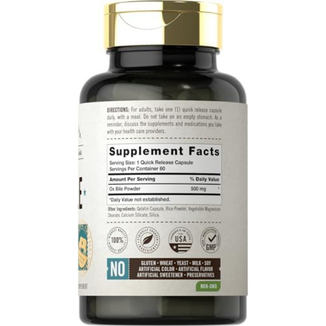 Ox Bile Supplement 500Mg 60 Capsules Digestive Enzyme Non-Gmo & Gluten Free by H