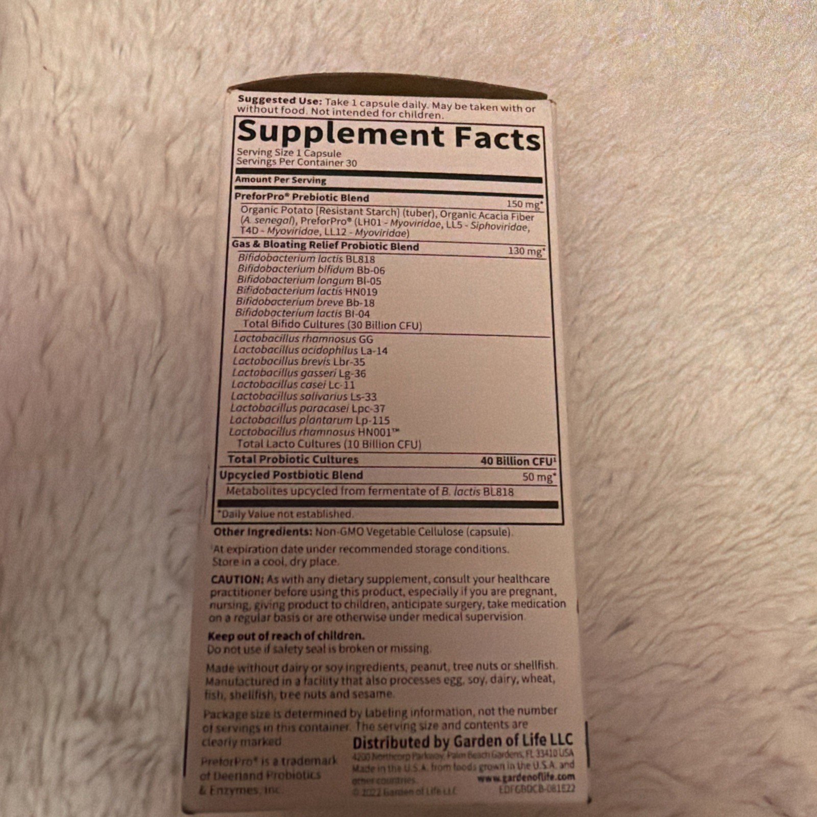 Garden Of Life Probiotics Gas & Bloating 30 Capsules Exp 09/2026