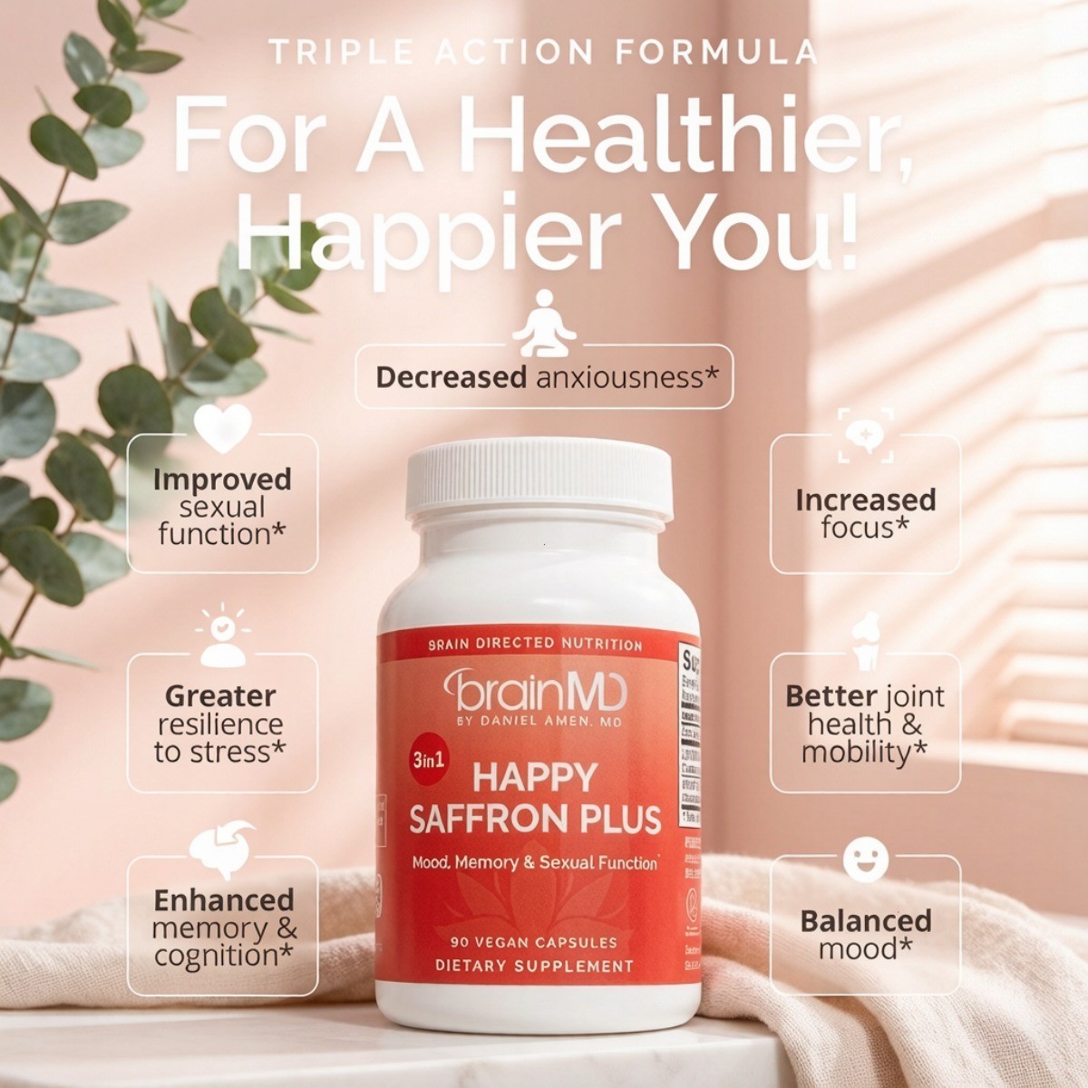 BrainMD Happy Saffron Plus Vegan Capsules Mood Memory Stress Support 90 Count