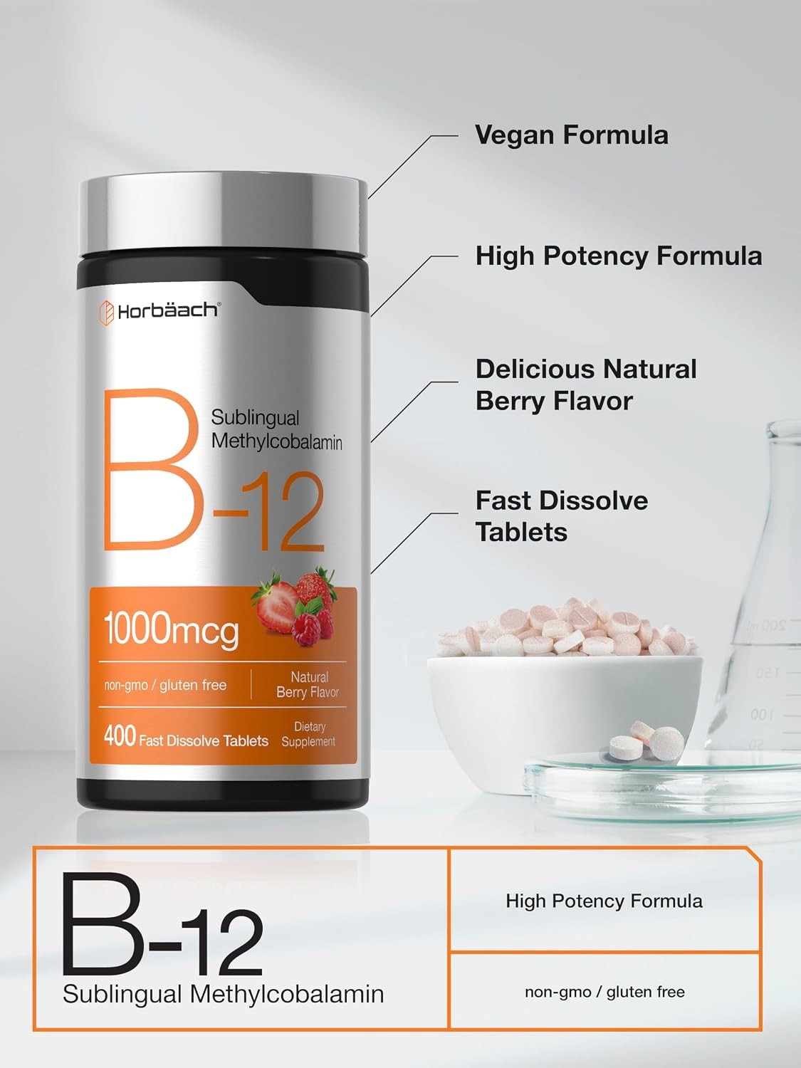 B12 Sublingual 1000 mcg | 400 Dissolvable Vitamins | Vegan Tablets | by Horbaach