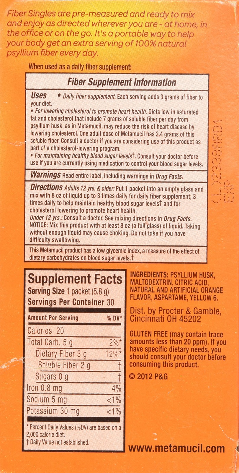 Metamucil Fiber Singles Smooth Texture Sugar Free Orange 30 Packets