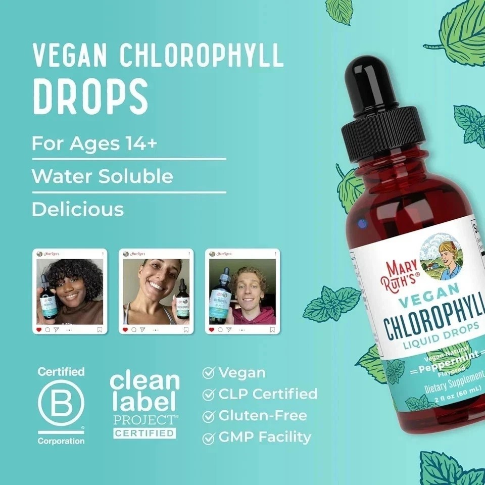 New Mary Ruth’s VEGAN Chlorophyll Liquid Drops Peppermint Flavored 4 Fl Oz 120ml