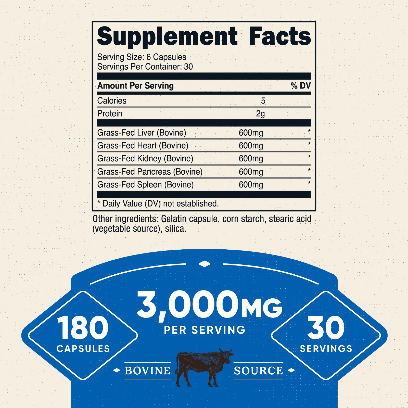 Nutricost Grass Fed Beef Organs Supplement (3,000mg) 180 Capsules – 30 Servings
