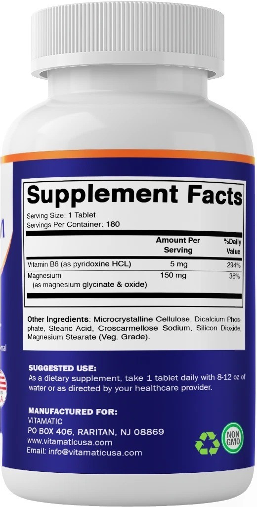 2- Pack- Vitamatic Magnesium with B6 150mg per Tablet – 180 Vegetarian Tablets