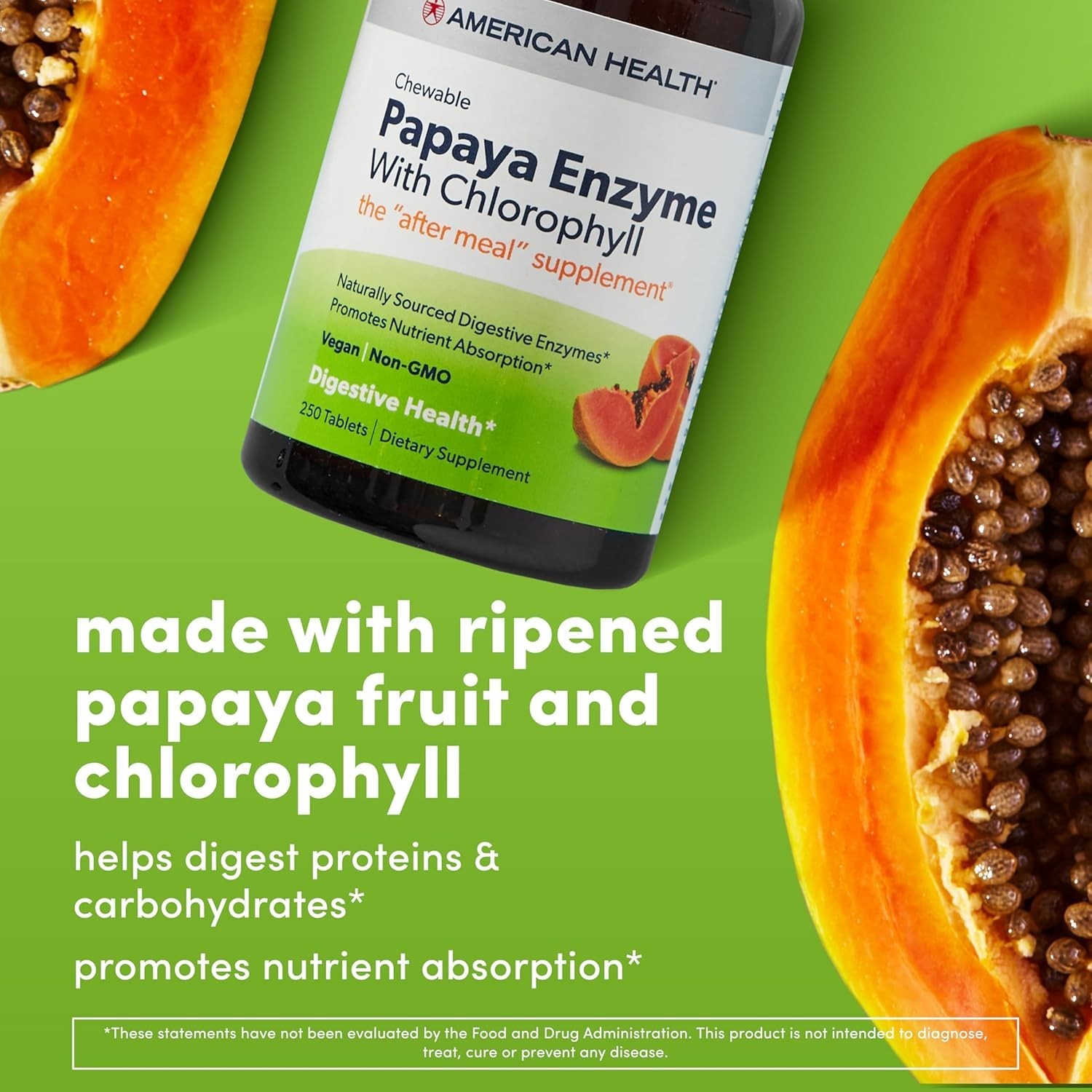 Natural Papaya Enzyme & Chlorophyll, 250 Chewable Tablets for Digestive Support