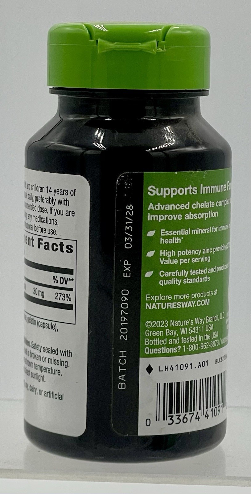 Lot of 3 Nature’s Way Zinc Chelate 30mg 100 Capsules Each 300 Total EXP 03/2028