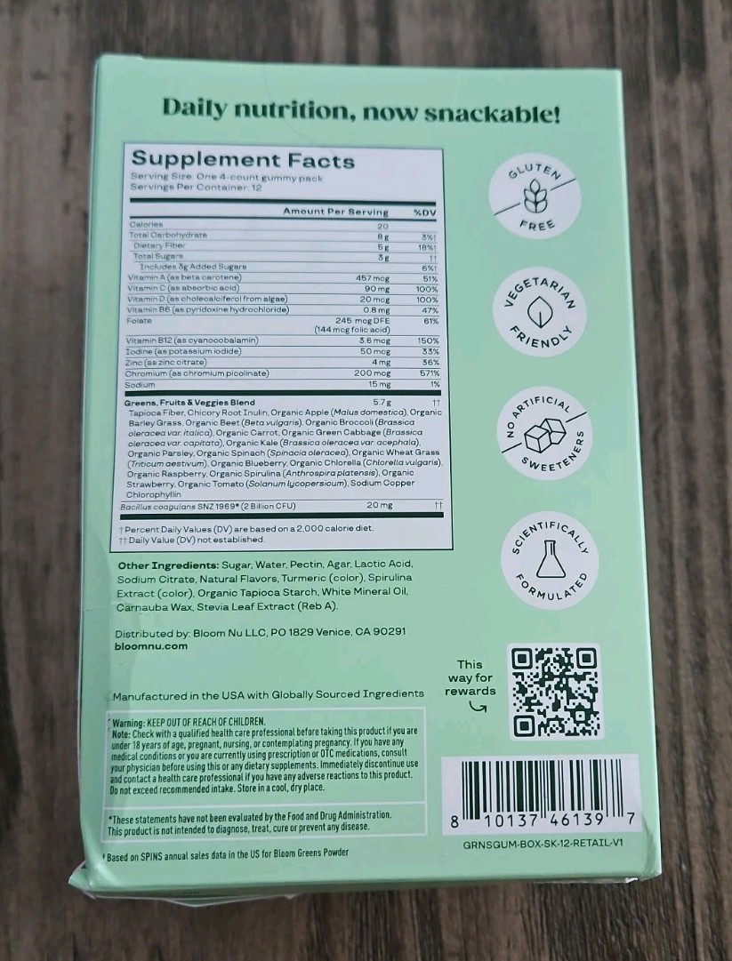 Bloom Super Greens Gummies, Daily Greens Superfood Fiber Gummies w Fruits 04/27
