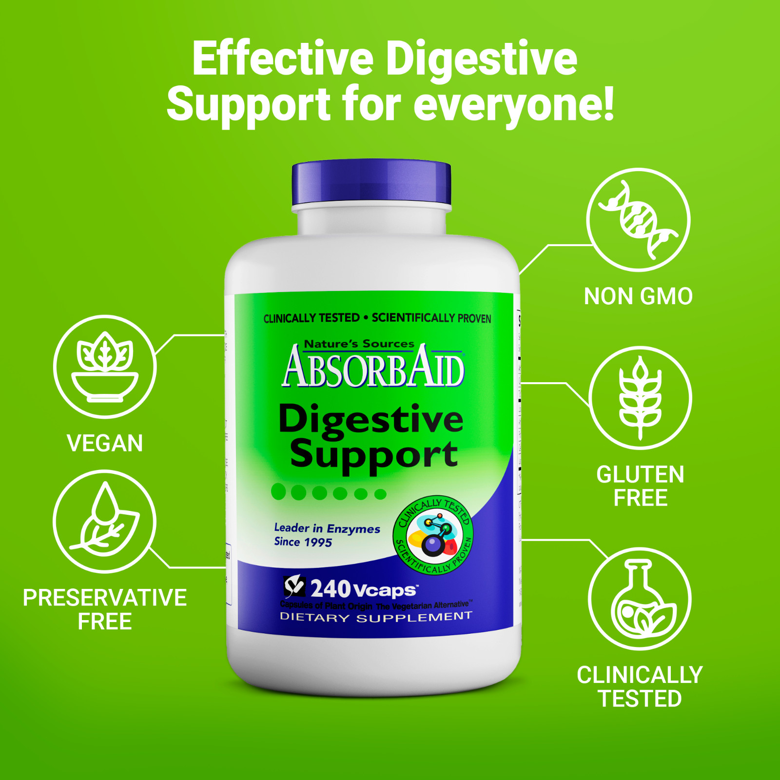 AbsorbAid Natural Digestive Enzyme relief for gas, bloating, acid reflux-240 cap