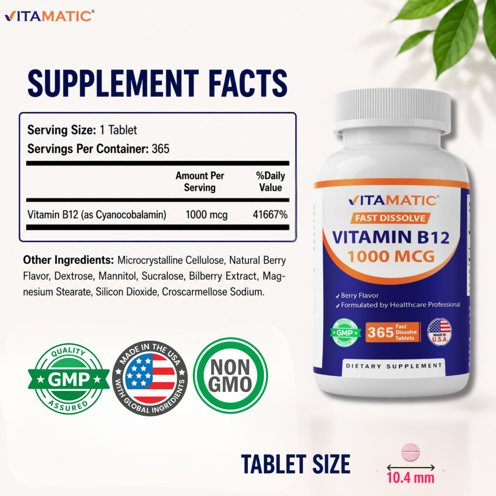 Vitamatic Vitamin B12 1000 mcg Fast Dissolve 365 Tablets